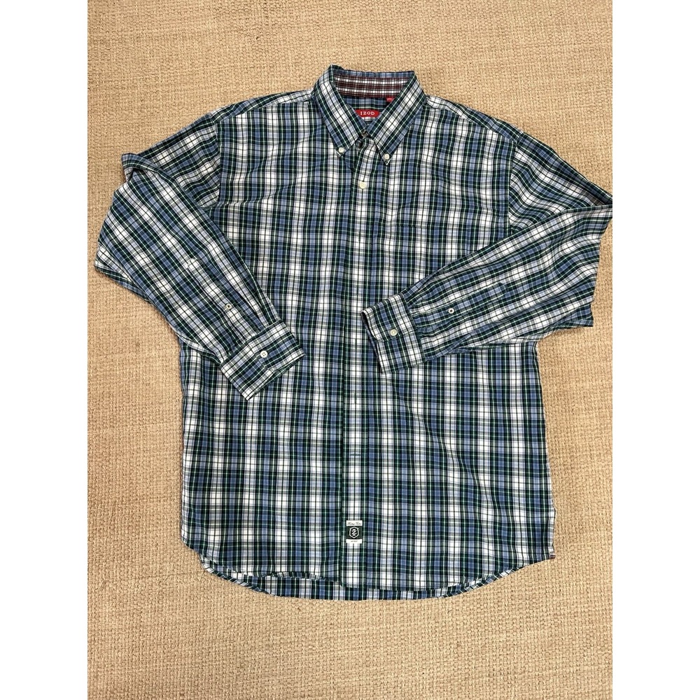 Izod Shirt Mens Plaid Green/Blue Long Sleeve Button Down Western Casual Large